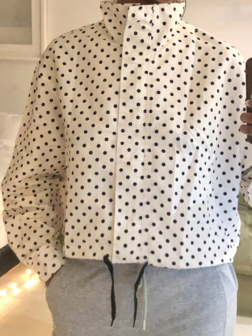 ✨ NWT Polka Dot Cropped Bomber Jacket Zip Up Windbreaker White Black S - Picture 9 of 11